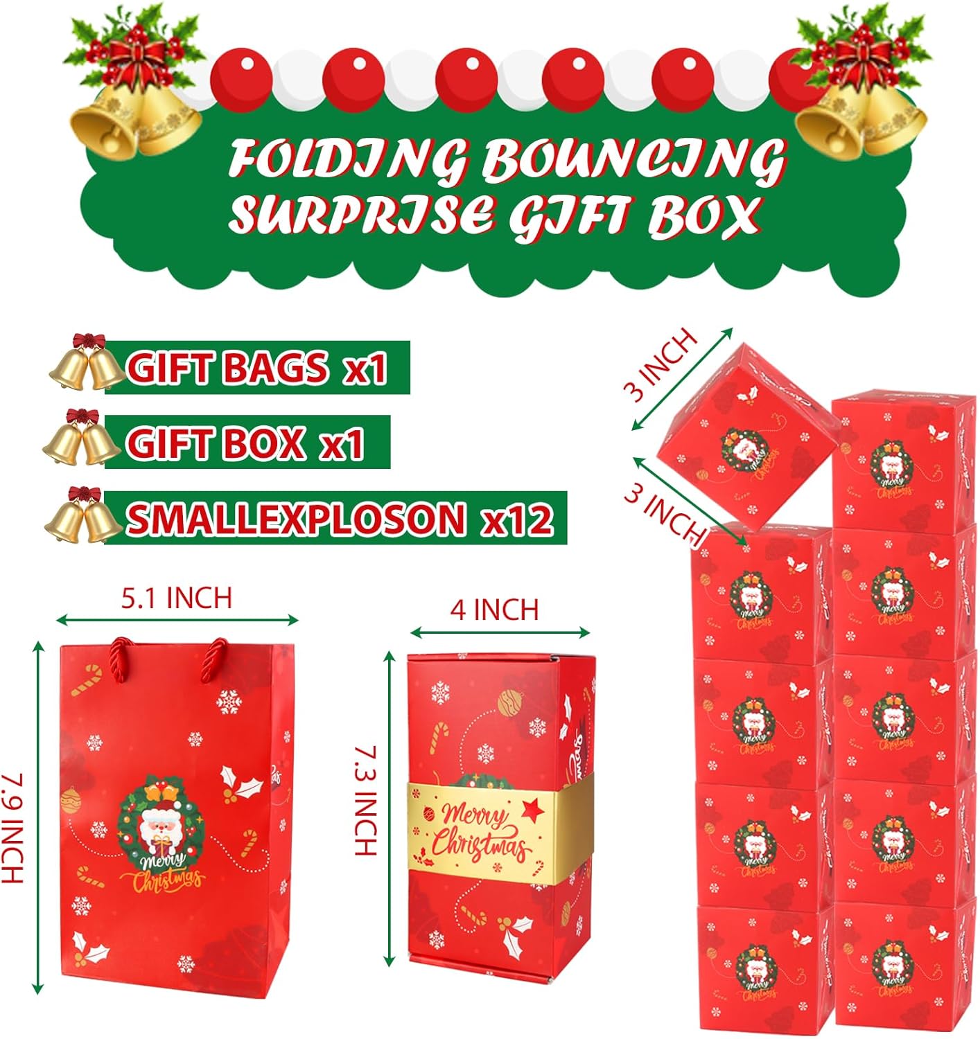 Surprise Gift Box Explosion for Money,Surprise Gift Box,Money Box for Cash Gift,Unique Folding Pop-Up Explosion Gift Box,Merry Christmas Surprise Gift Boxes (12 Bounces)(Red Christmas)