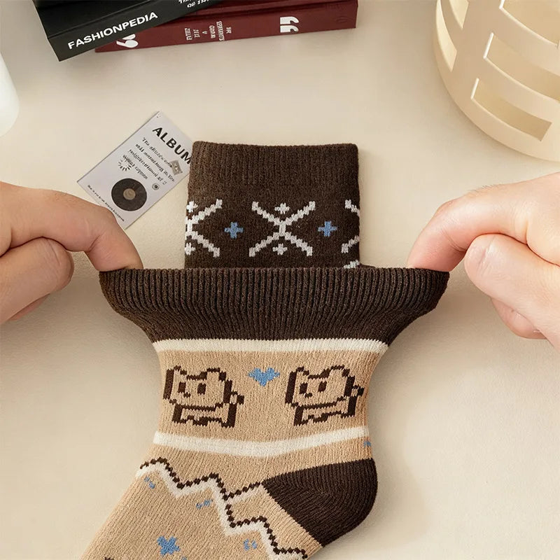 5 Pairs Women'S Socks Winter Warm Thickened Floor Socks for Girl Pack Japanese Cute Cartoon Kitty Kawaii Sweet Mid Tube Socks