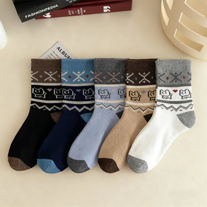 5 Pairs Women'S Socks Winter Warm Thickened Floor Socks for Girl Pack Japanese Cute Cartoon Kitty Kawaii Sweet Mid Tube Socks