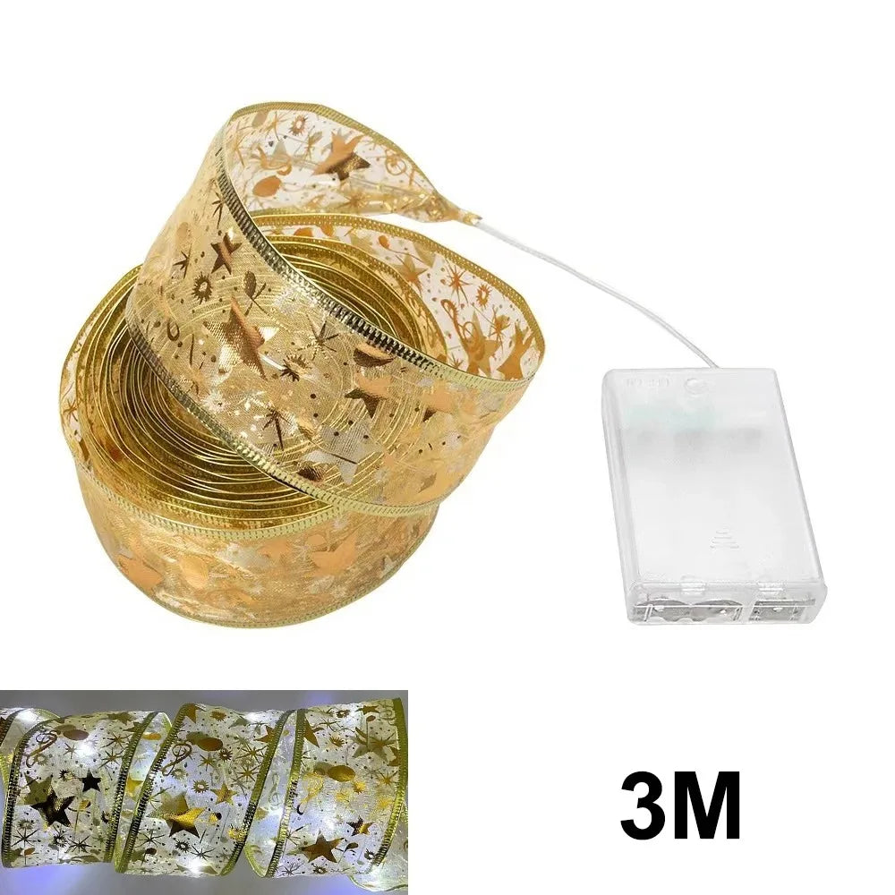 Christmas Ribbon Fairy Light Christmas Decoration DIY Bows String Light Tree Ornaments for Home 2025 Xmas Decor New Year Navidad