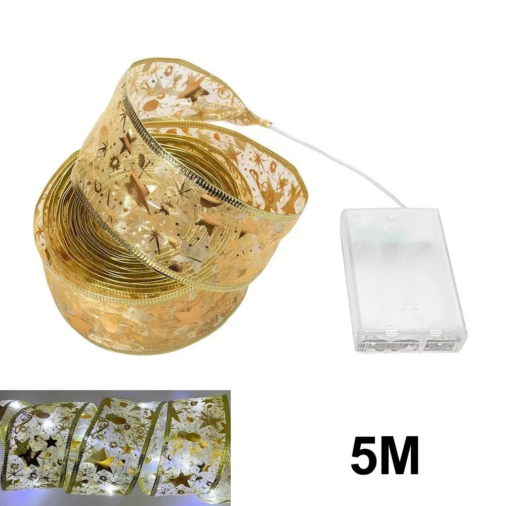 Christmas Ribbon Fairy Light Christmas Decoration DIY Bows String Light Tree Ornaments for Home 2025 Xmas Decor New Year Navidad