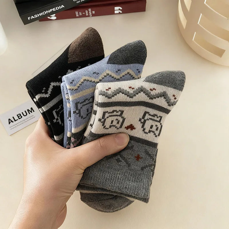5 Pairs Women'S Socks Winter Warm Thickened Floor Socks for Girl Pack Japanese Cute Cartoon Kitty Kawaii Sweet Mid Tube Socks