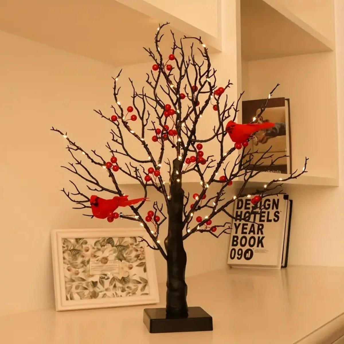1Pc 60 LED Black Artificial Birch Lighting with Red Berry and Bird Parrots Battery Operated Tabletop Mini Artificial Tree Lamp