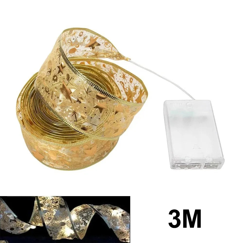 Christmas Ribbon Fairy Light Christmas Decoration DIY Bows String Light Tree Ornaments for Home 2025 Xmas Decor New Year Navidad