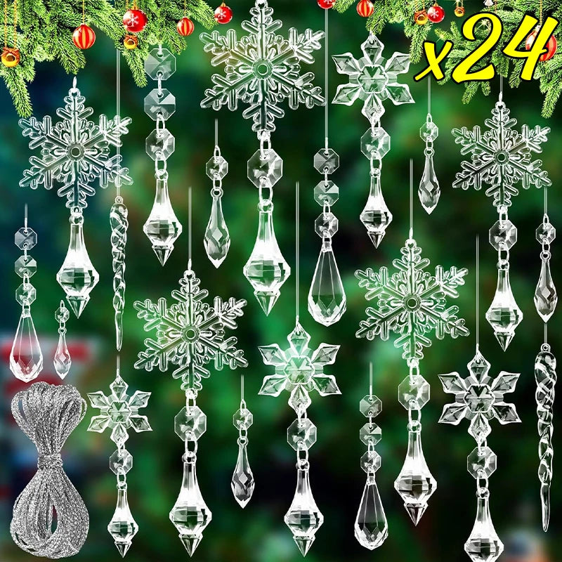 5-24PCS Crystal Clear Snowflake Acrylic Ice Pendants Christmas Tree Ornaments Icicle Water Drop Decoration for Xmas Winter Party