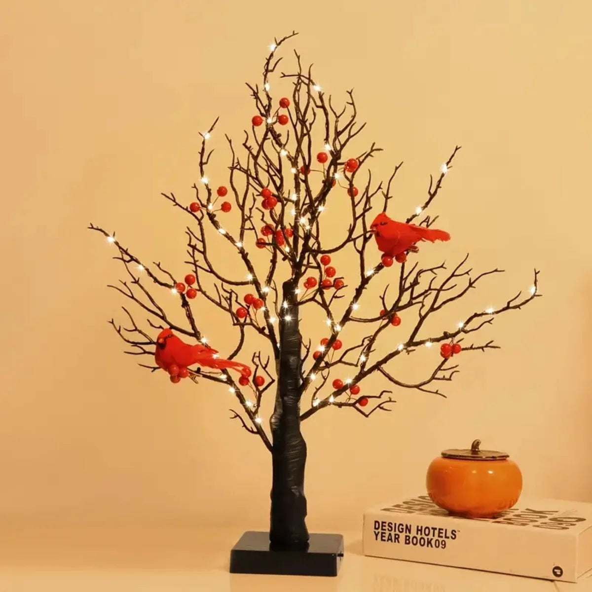 1Pc 60 LED Black Artificial Birch Lighting with Red Berry and Bird Parrots Battery Operated Tabletop Mini Artificial Tree Lamp