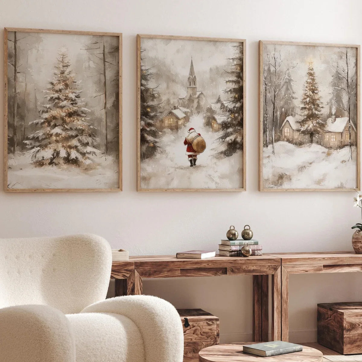 3Pcs/Set Christmas Winter Landscape Canvas Print Poster Vintage Winter Santa Art Prints Wall Art Home Decor Holiday Gifts