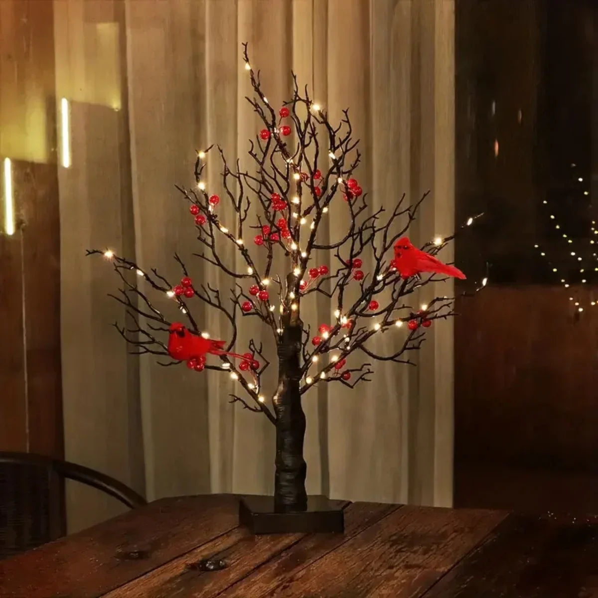 1Pc 60 LED Black Artificial Birch Lighting with Red Berry and Bird Parrots Battery Operated Tabletop Mini Artificial Tree Lamp