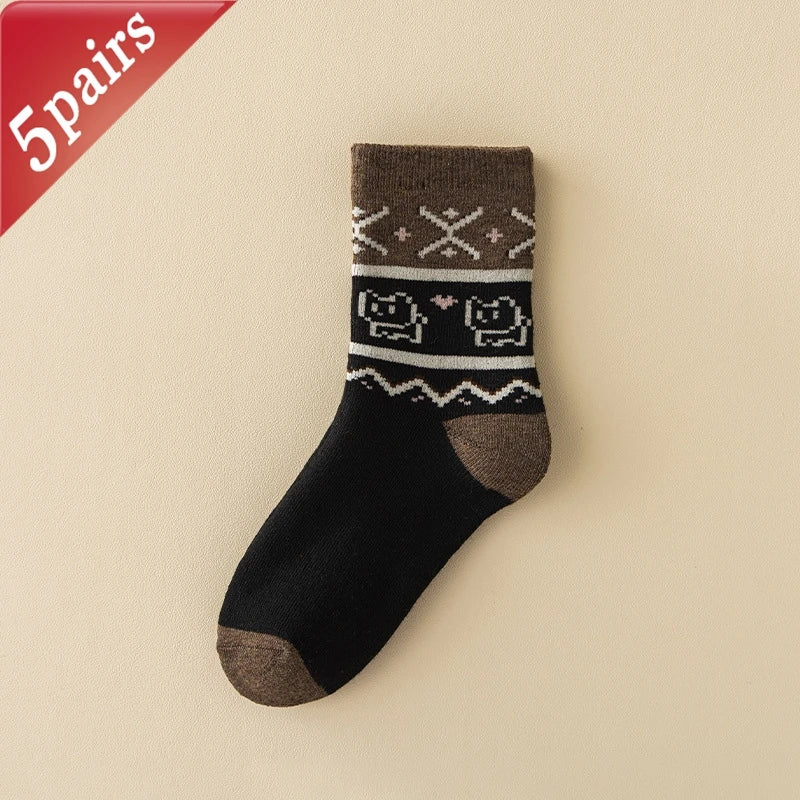 5 Pairs Women'S Socks Winter Warm Thickened Floor Socks for Girl Pack Japanese Cute Cartoon Kitty Kawaii Sweet Mid Tube Socks
