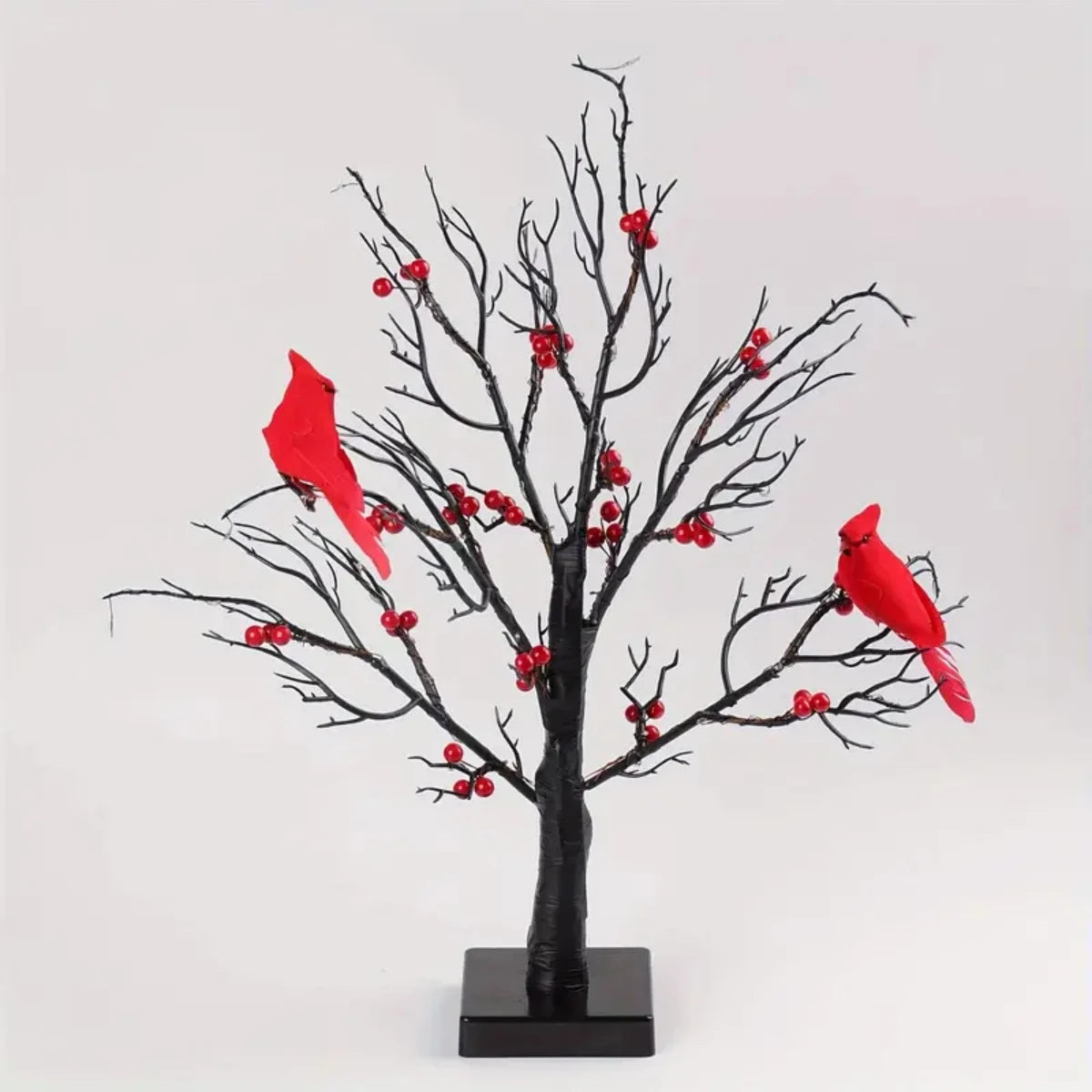 1Pc 60 LED Black Artificial Birch Lighting with Red Berry and Bird Parrots Battery Operated Tabletop Mini Artificial Tree Lamp