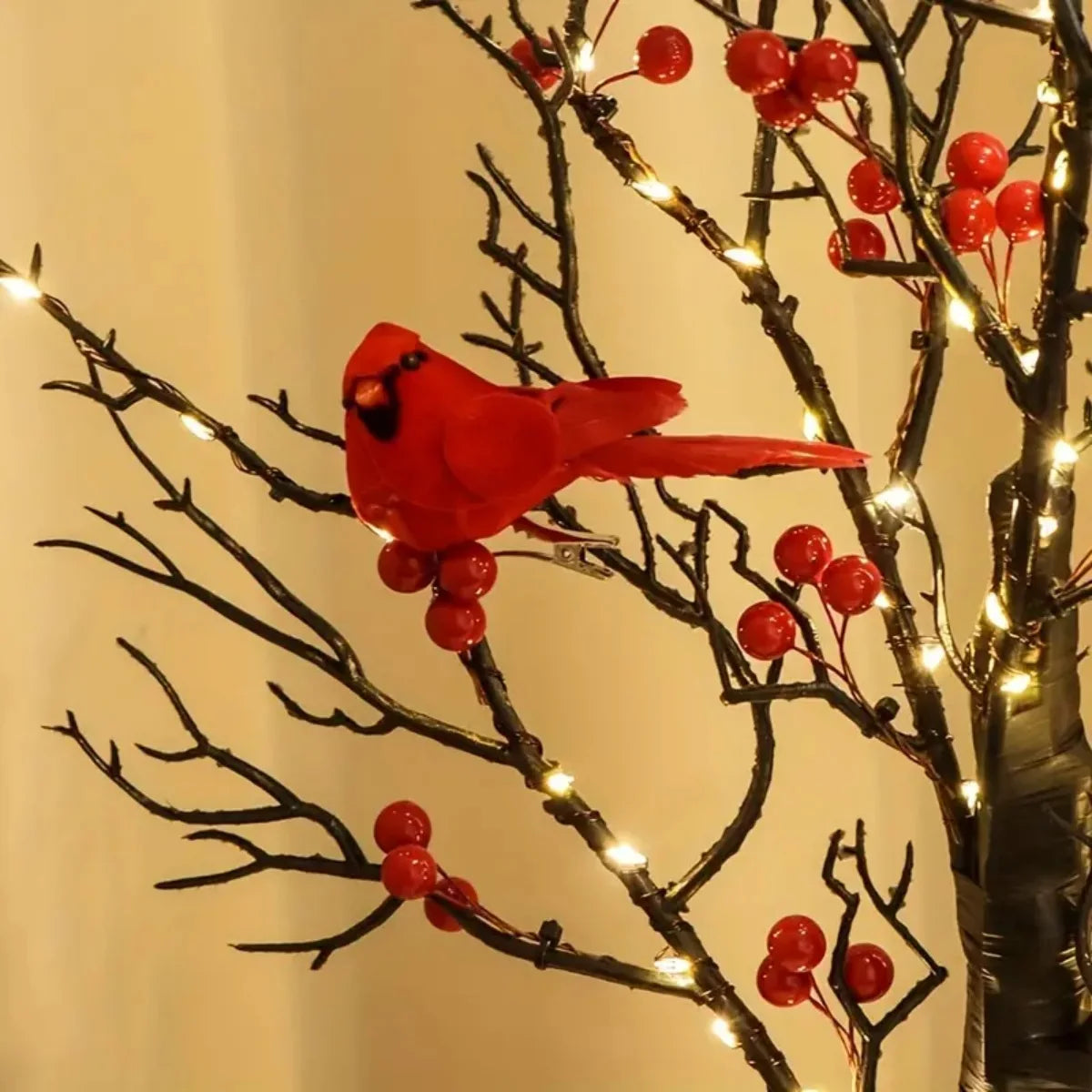 1Pc 60 LED Black Artificial Birch Lighting with Red Berry and Bird Parrots Battery Operated Tabletop Mini Artificial Tree Lamp